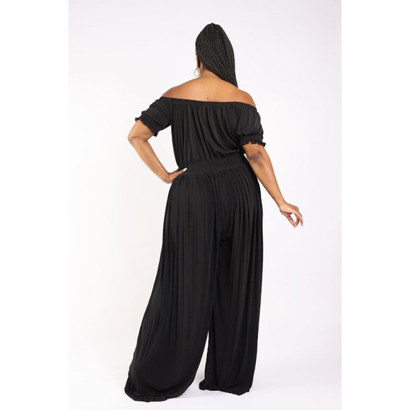 Women's Pleated off Shoulder Jumpsuit Plus Size 1X 2X 3X BLACK RED - Picture 3 of 11